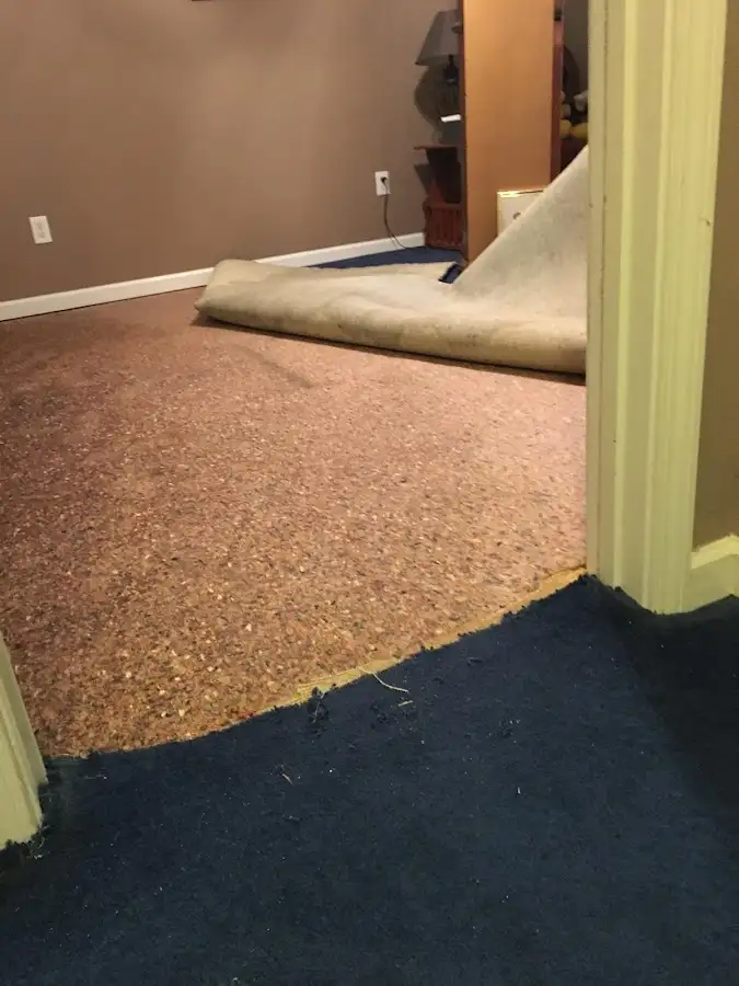 Carpet pad removal revealing water damage during Water Mitigation Services in Somerset